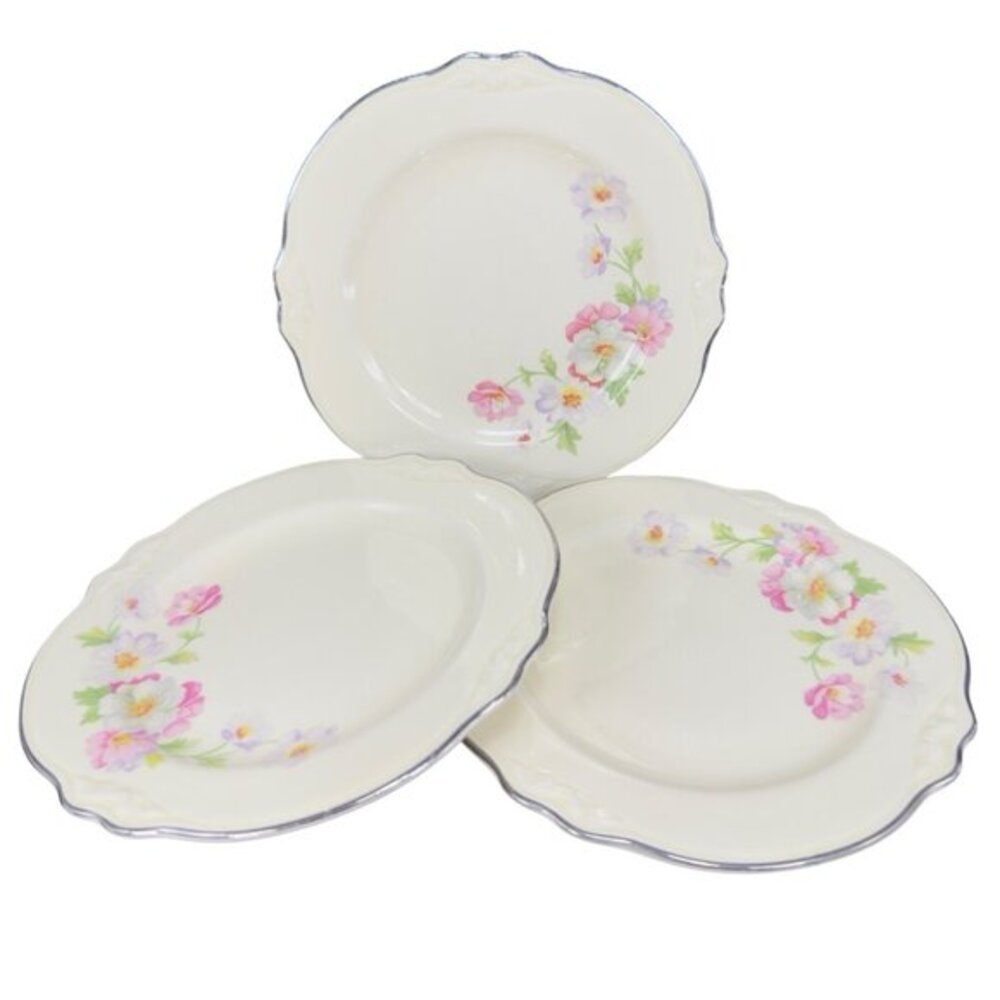 Homer Laughlin Virginia Rose Platinum Trim USA Rose Floral 6inch Plate Dish Set3